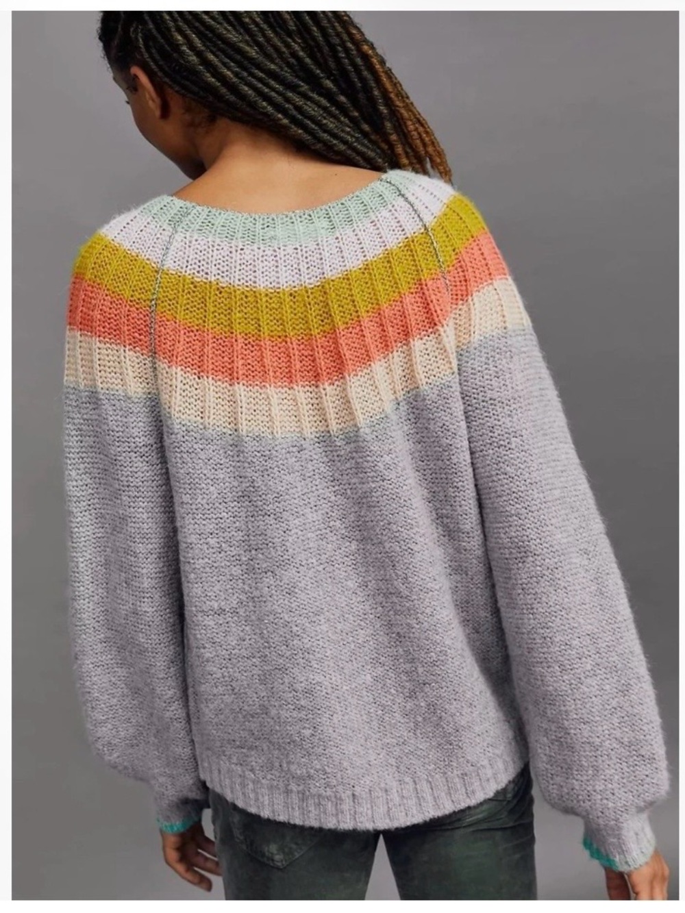 Anthropologie Colleen Sweater Gray Scoop-Neck Sweater with Pastel Rainbow Yoke - Picture 3 of 9